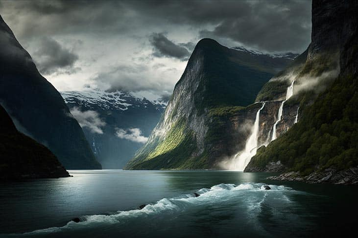 Wasserfall "Die sieben Schwestern" am Geirangerfjord in Norwegen.